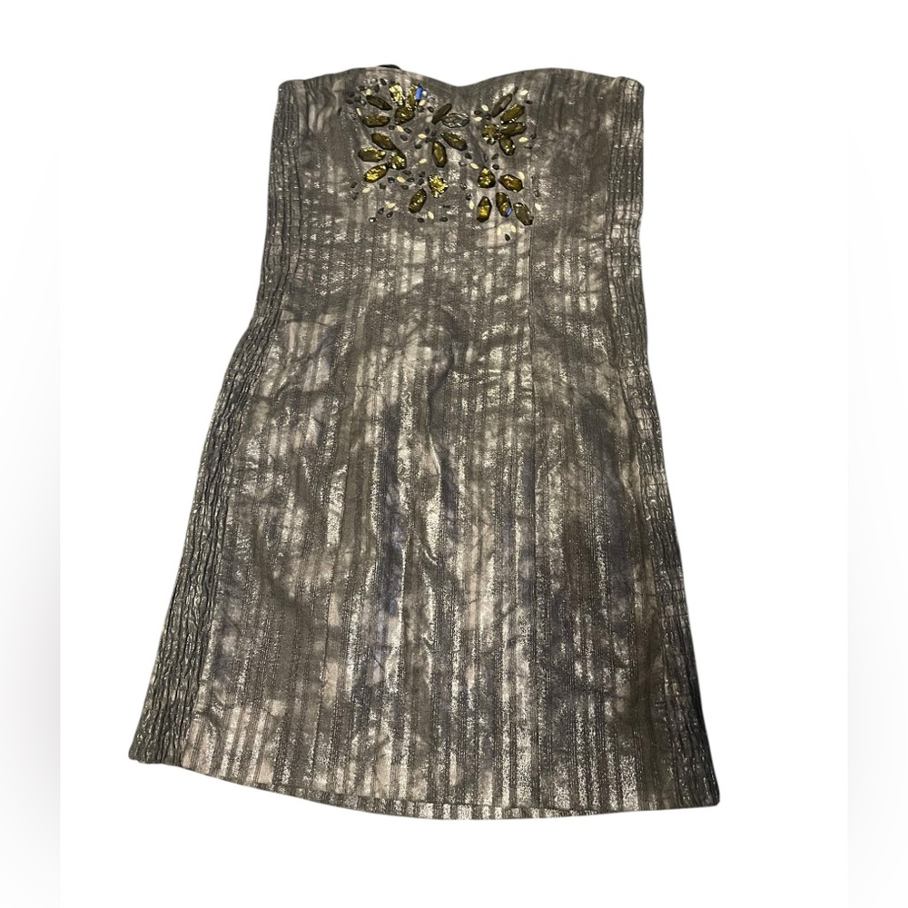 Badgley Mischka Strapless Silver Dress with Gold Accents